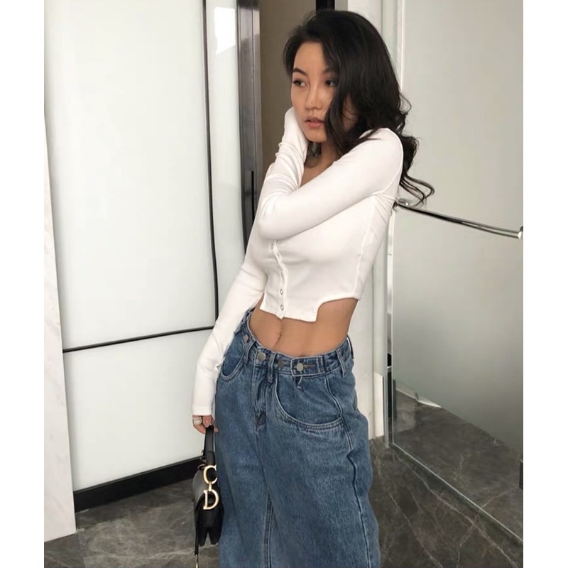 Áo croptop cổ vuông nút bấm (kèm ảnh thật)