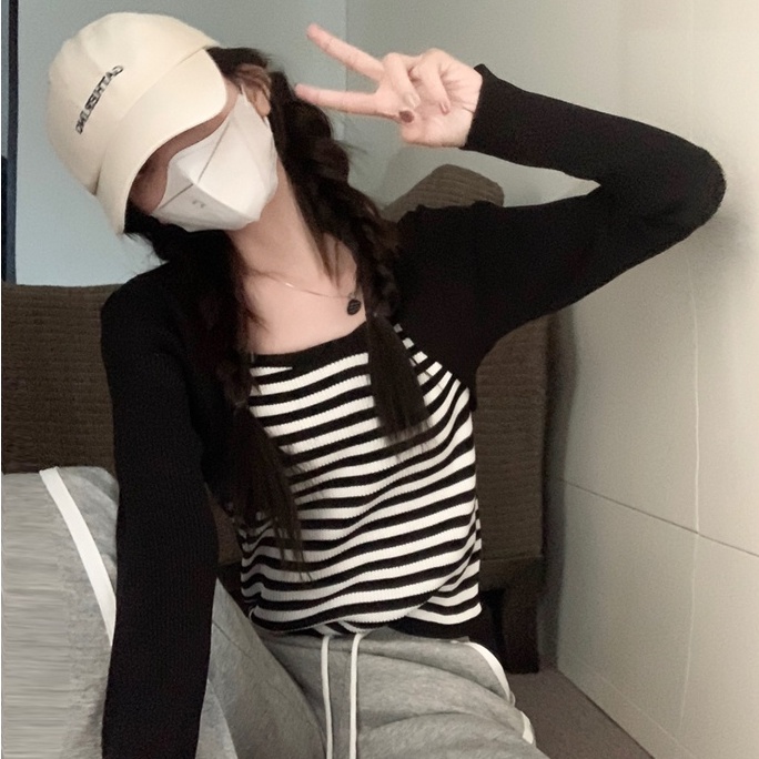 Áo dệt kim ZHELIHANGFEI giả hai lớp tay dài phối họa tiết sọc eo cao gợi cảm dễ phối đồ