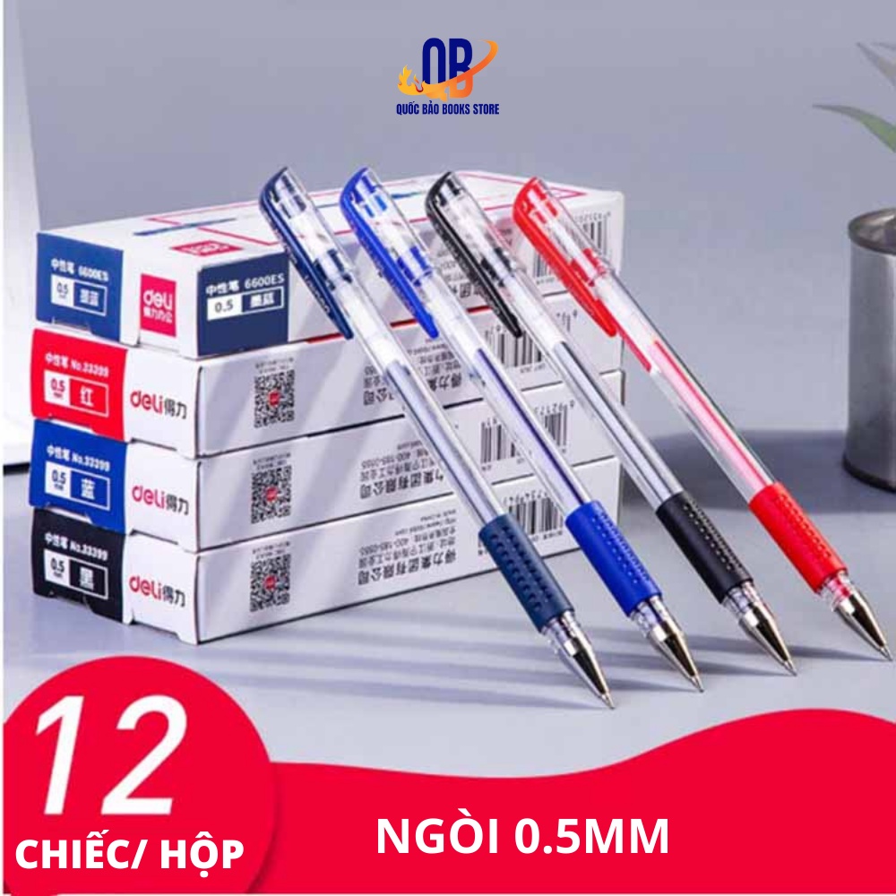 Bút bi nước mực gel nắp đậy 0.5mm Deli màu xanh đen đỏ nhanh khô lâu hết mực nét viết trơn tru đều đẹp 6600S