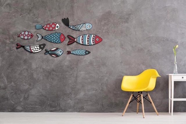 Bộ tranh Cá decor dán tường trang trí phòng khách, phòng ngủ, tranh cá treo tường gắn sẵn băng dính nano 3M