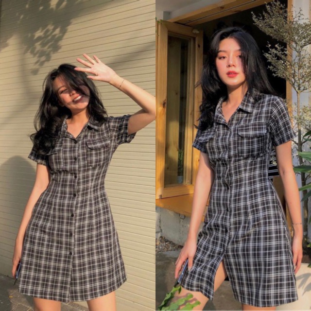 ĐẦM XINH CARO BO THUN Ở SAU LƯNG CỔ SƠMI - ĐẦM SAY DRESS