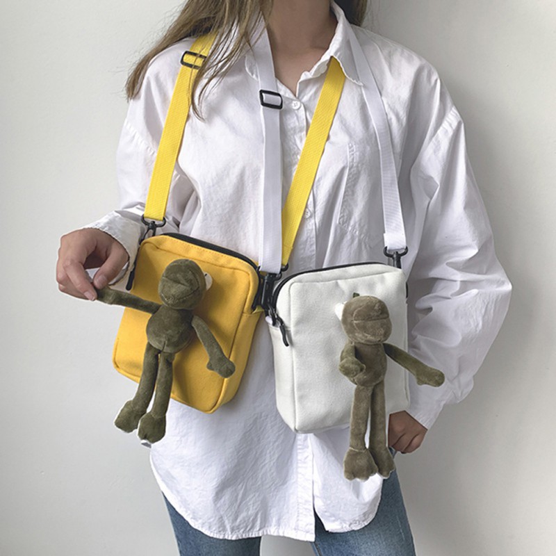 Túi vải đeo chéo phong cách Nhật Bản đính chú ếch hoạt hình xinh xắn cho nữ