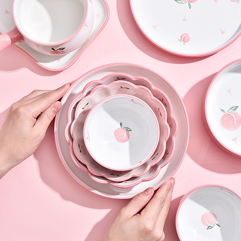 Bộ chén bát đĩa sứ quả đào hồng, bát đĩa sứ ăn cơm gia đình cao cấp