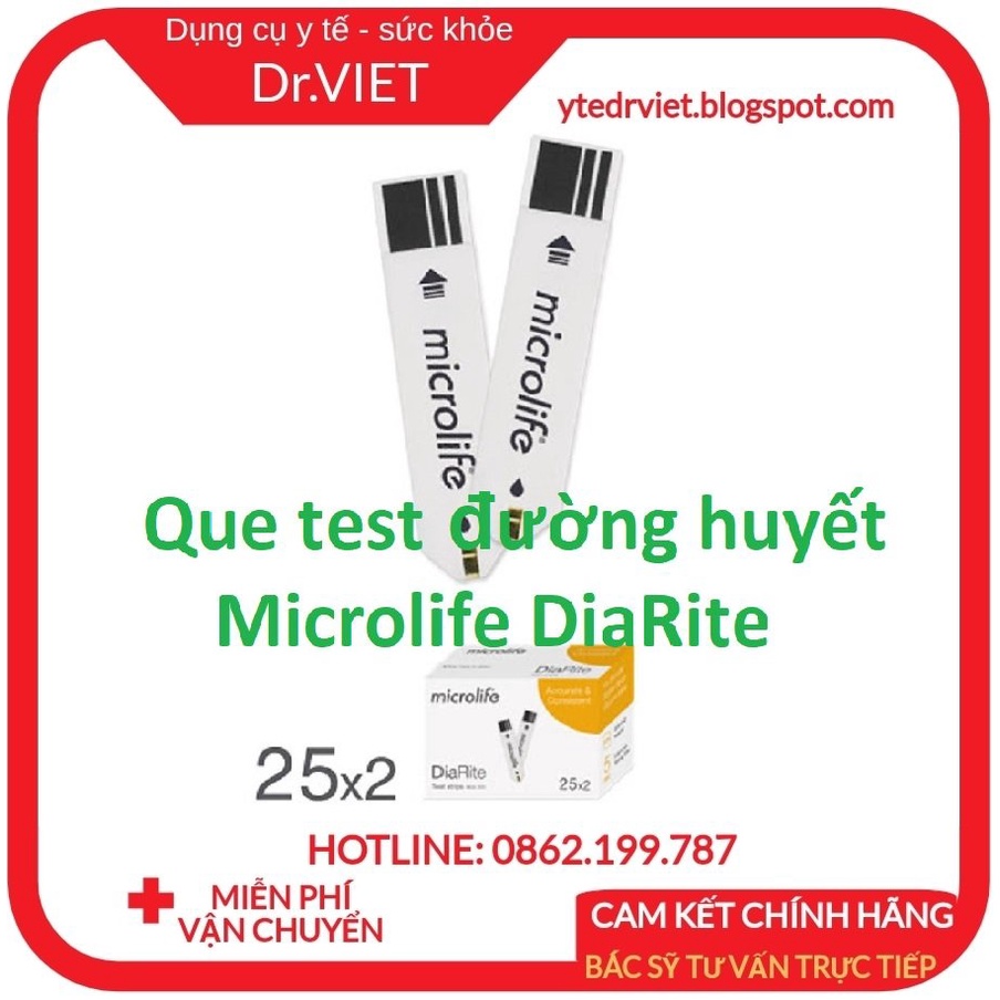 Que thử đường huyết Microlife DiaRite BGM TEST- Lọ 25 hoặc hộp 50 que giúp Đo đường huyết, mỡ máu Cholesterol, Acid Uric