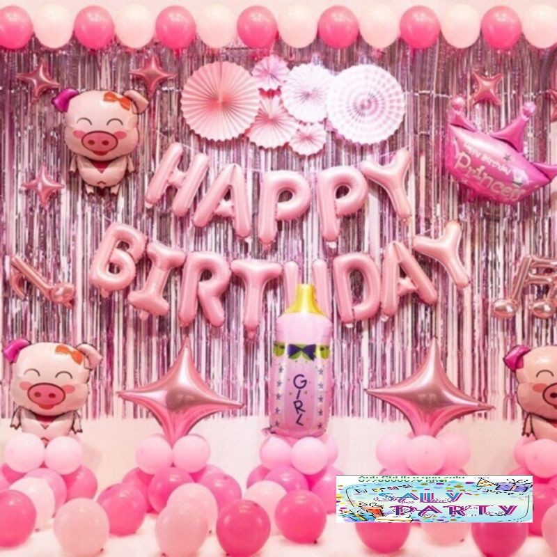 set bóng trang trí sinh nhật bé heo 1 tuổi MS249