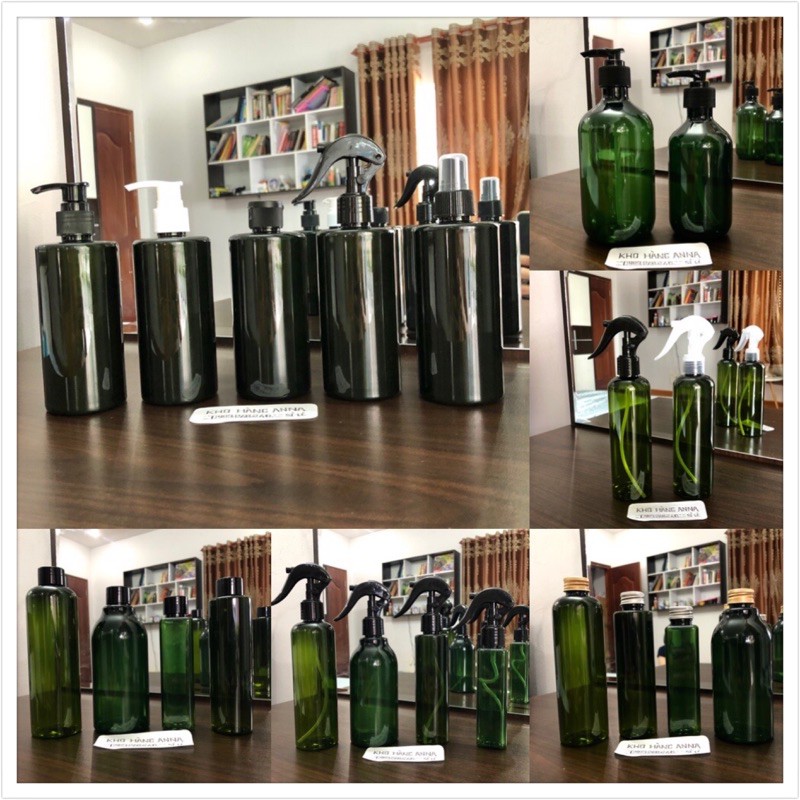 Chai nhựa Xanh lá, xanh rêu 500ml/ 300ml/ 250ml/ 200ml/ 150ml/ 100ml- Chai Pet xanh xịt sương, vòi nhấn giọt, nắp đen