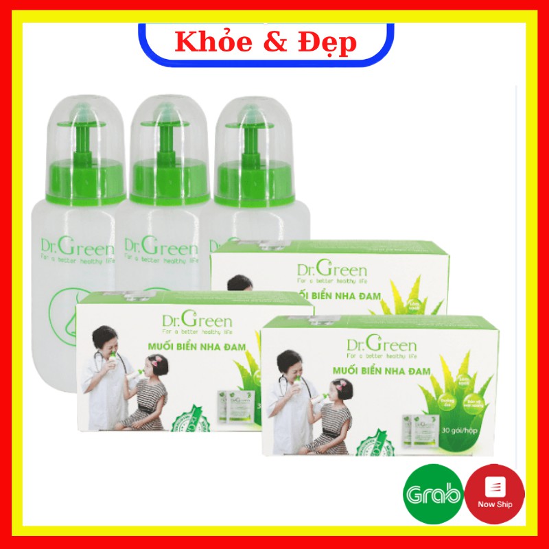 Bình xịt rửa mũi 240ml Dr.Green - Tặng kèm 10 gói muối biển nha đam