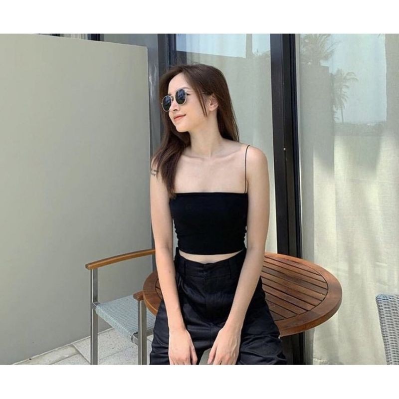 Áo crotop 2 dây sợi bún thun gân đẹp đen trắng, dáng ôm mặc trong siêu mát
