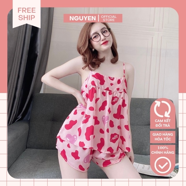 Đồ Bộ Nữ Đồ Mặc Nhà Bò Sữa NGUYEN, Đồ Ngủ Sexy 2 Dây Quần Đùi Chất Lụa Mango Mềm Mát, Ít Nhăn, Form Dáng Chuẩn Dưới 56kg