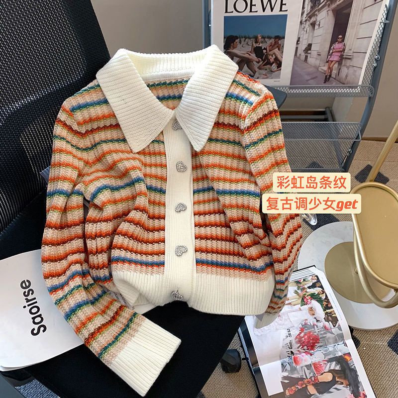 Áo Khoác Cardigan Dệt Kim Kẻ Sọc Cầu Vồng Xinh Xắn Cho Nữ