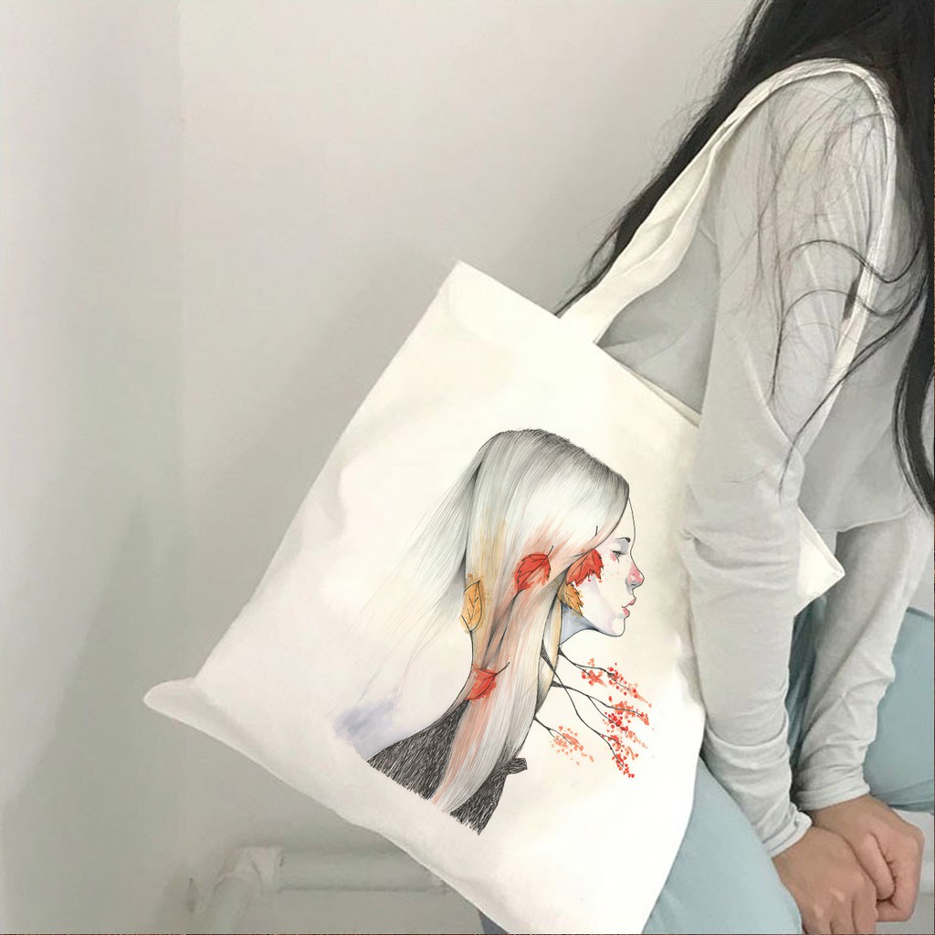 Túi Tote Vải Canvas In hình Cô Gái Có Khóa Kéo