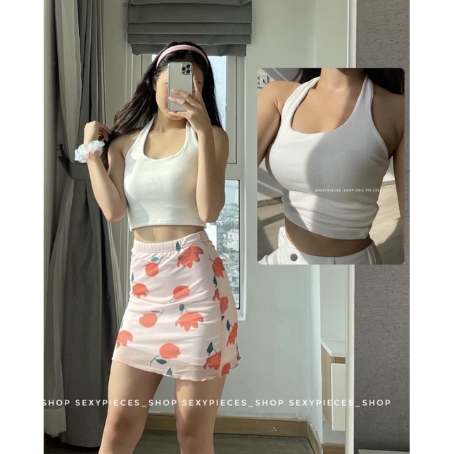 set chân váy hoa lưới và top yếm gân trắng