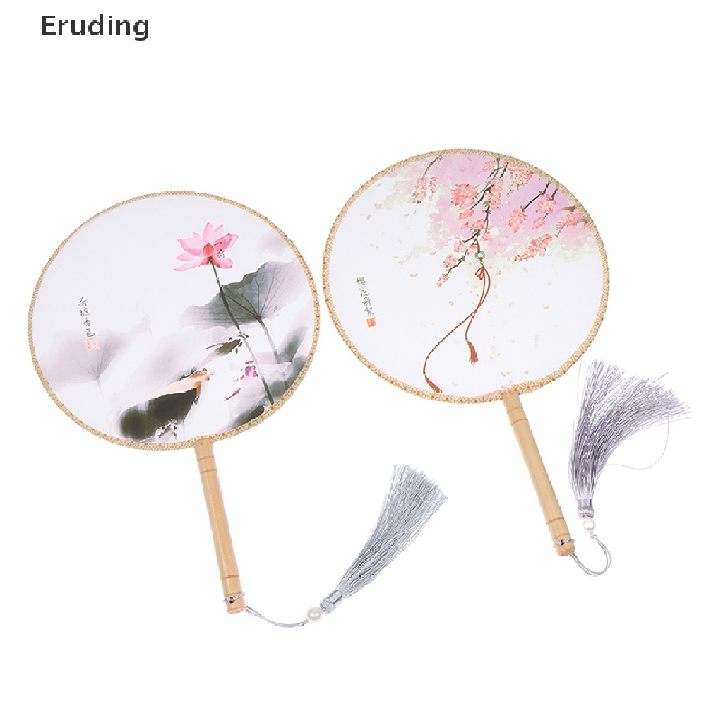 [Eruding] Quạt Tròn Cầm Tay In Họa Tiết Phong Cách Trung Hoa Cổ Điển Với Tay Cầm Bằng Gỗ