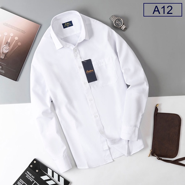 Áo Sơ Mi Nam Công Sở Trung Niên Anton Trắng Trơn Dài Tay Vải Cotton Có Túi Ngực - XA12