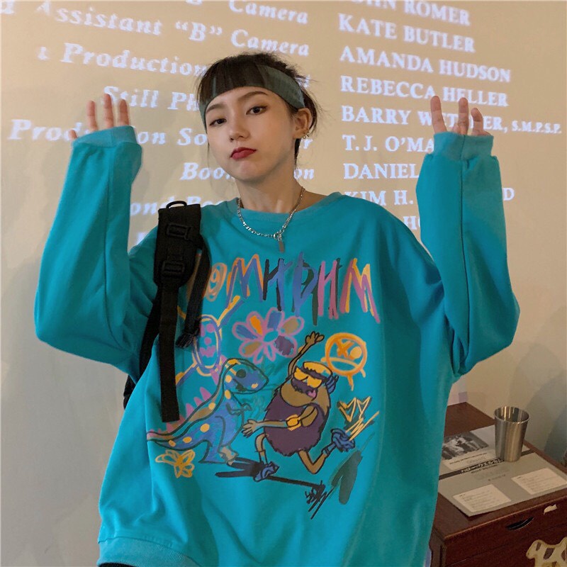 Áo sweater nữ dài tay in họa tiết DHM phom rộng unisex/ Áo nỉ cổ tròn tay bồng dáng thụng ulzzang