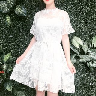 Váy tiểu thư trắng - Đầm ren phối dây eo - Đầm xòe xinh Ulzzang