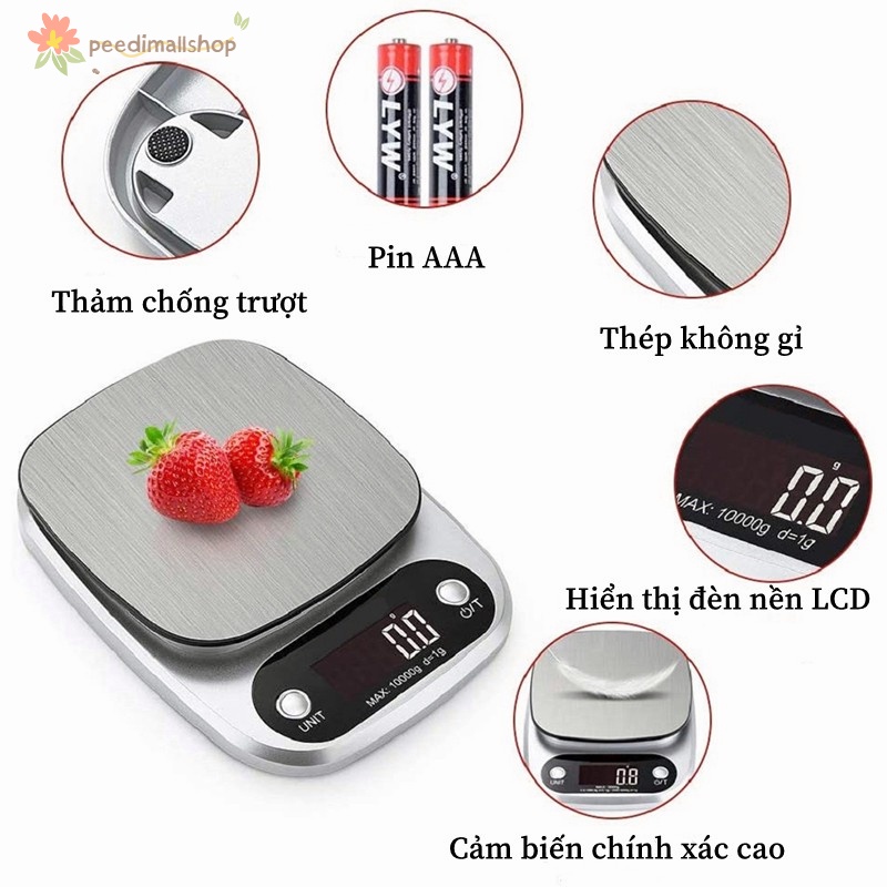 Cân Tiểu Ly Điện Tử Nhà Bếp Mini Định Lượng 0,1g - 3kg/0,1g - 5kg/1g - 10kg Làm Bánh Độ Chính Xác Cao Kèm 2 Viên Pin AA