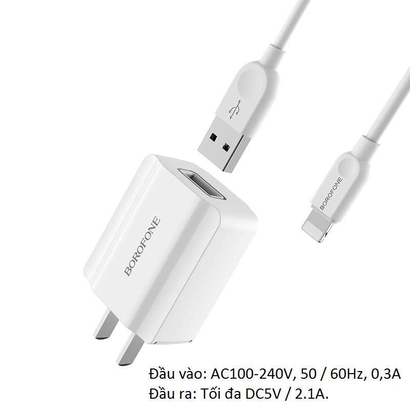 Cốc sạc củ sạc 1 cổng đầu ra 2.1A có kèm cáp Lightning, Micro-USB hoặc USB-C BOROFONE BA15 SmartPort