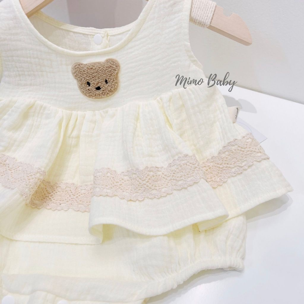 Bộ romper vải xô muslin đính gấu dễ thương cho bé QA26 Mimo Baby