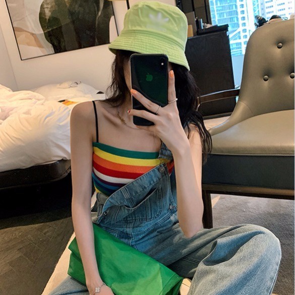 Jiashucheng Áo Không Tay Kẻ Sọc Cầu Vồng Màu Sắc Tương Phản Phong Cách Mới Mùa Hè Cho Nữ