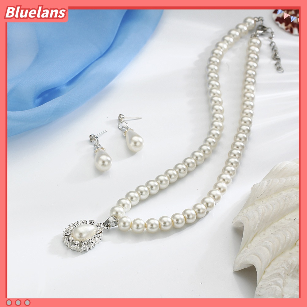 Bộ Vòng cổ + Đôi Bông Tai Hình Giọt Nước Đính Ngọc Trai Giả Thời Trang Cho Nữ