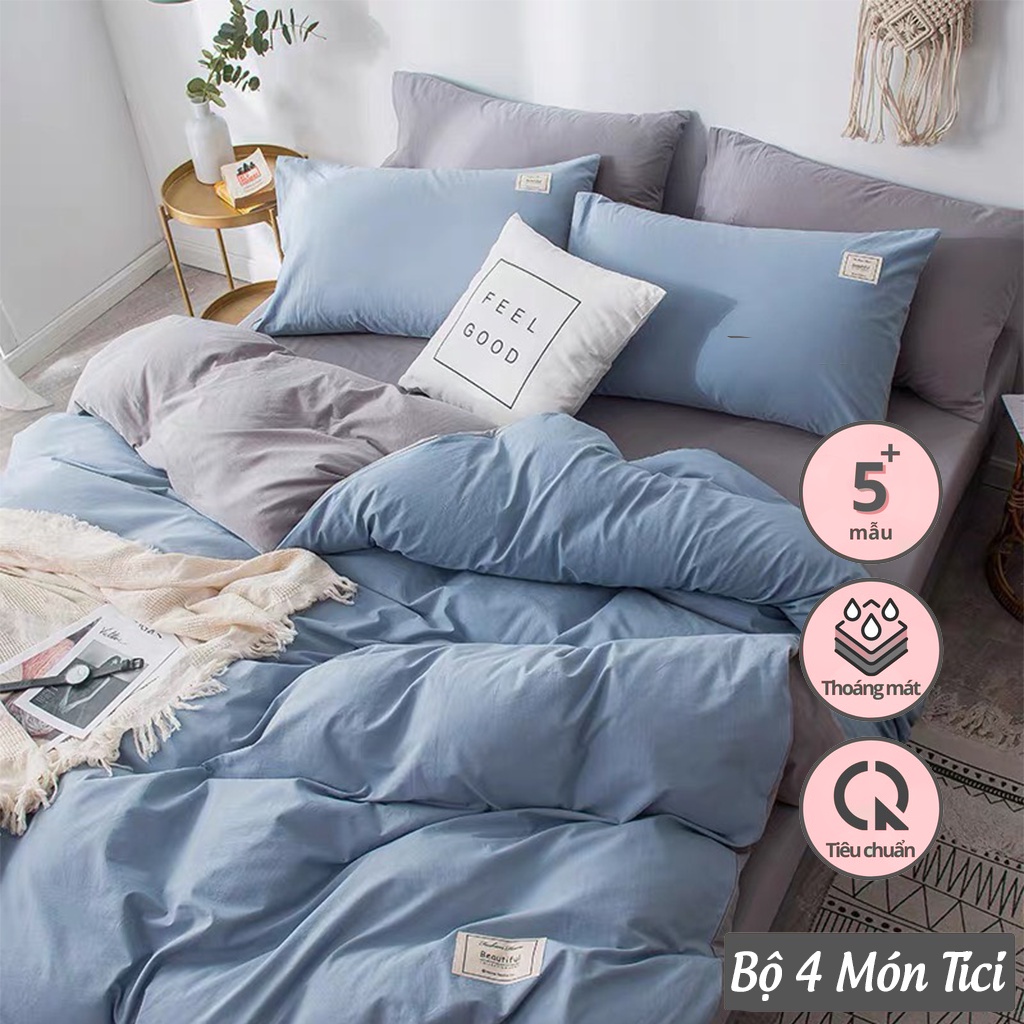 Bộ Chăn Ga Gối 4 Món Tici Họa Tiết Trơn, Miễn Phí Bo Chun Có Bảo Hành - Eva bedding