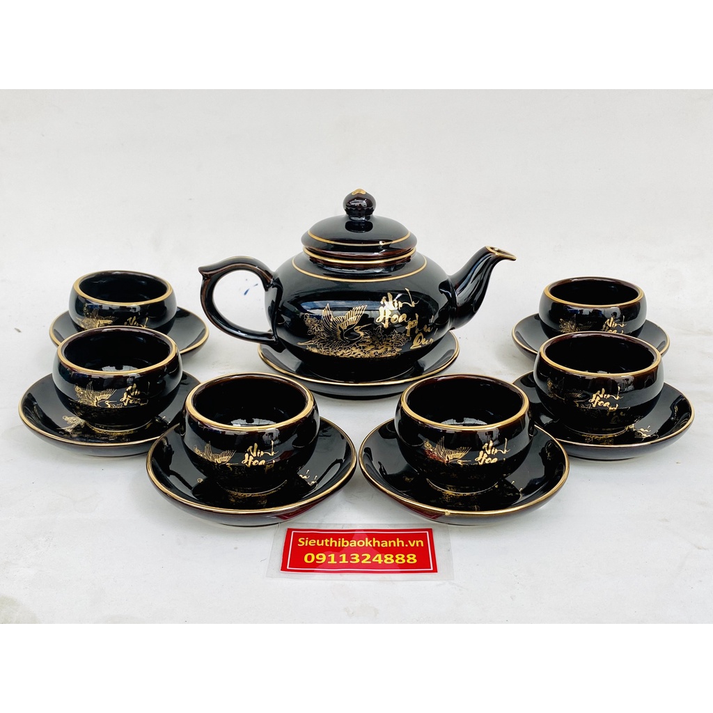 Bộ ấm chén men đen họa tiết Vinh Hoa Phú Quý Bát Tràng 350ml