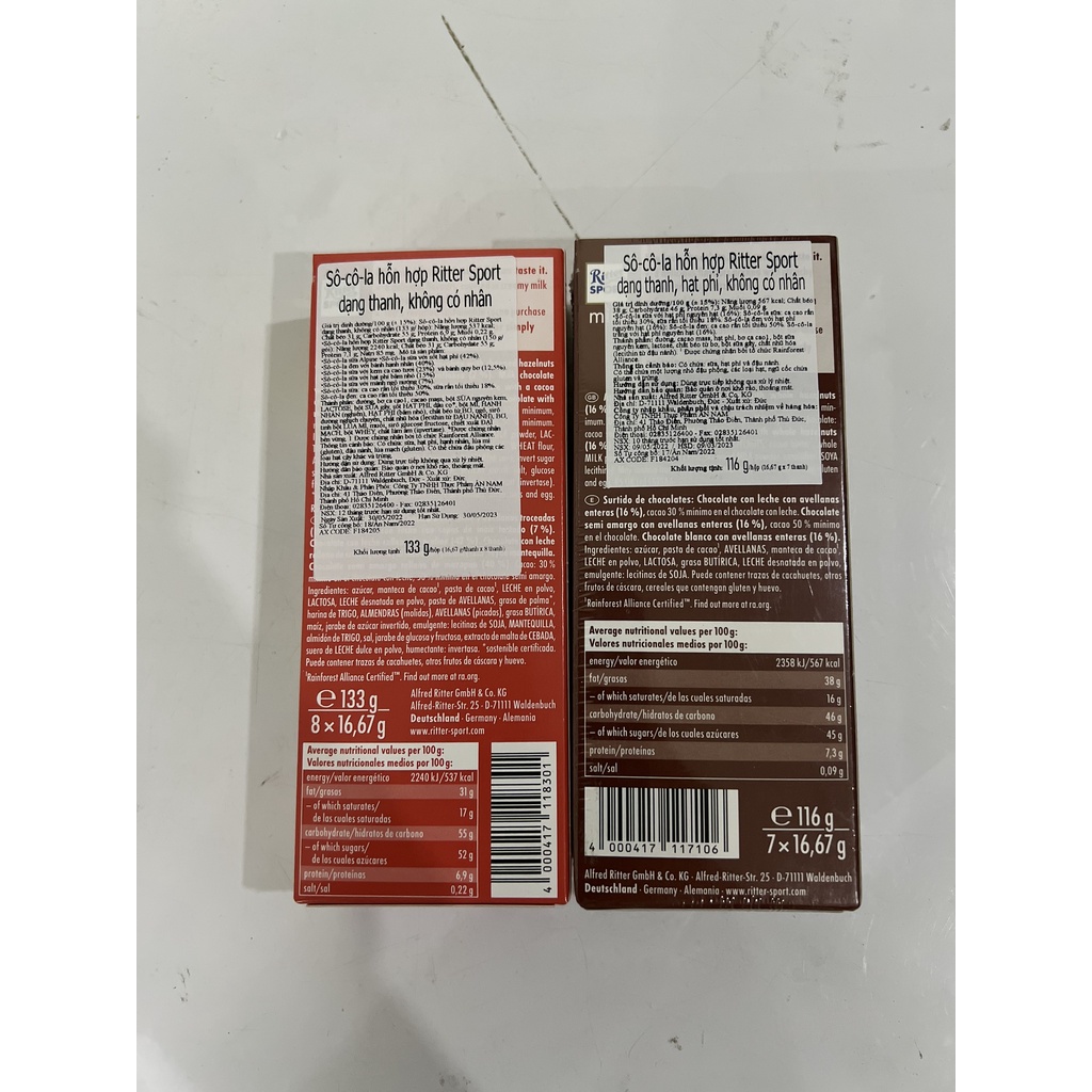 Sô cô la hỗn hợp Ritter Sport dạng thanh, hạt phỉ, không có nhân hộp 116g