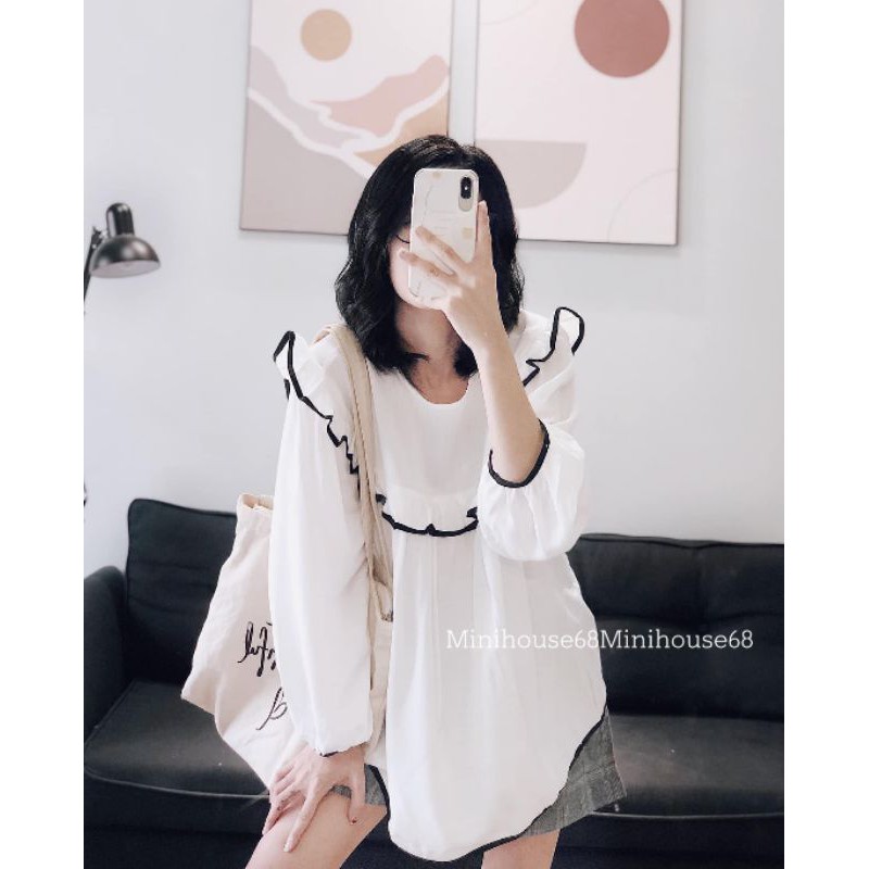 ÁO BBD TRẮNG TAY DÀI BÈO VIỀN ĐEN - ÁO KIỂU CÔNG SỞ NỮ (Ảnh thật shop chụp & clip cận chất vải) | BigBuy360 - bigbuy360.vn
