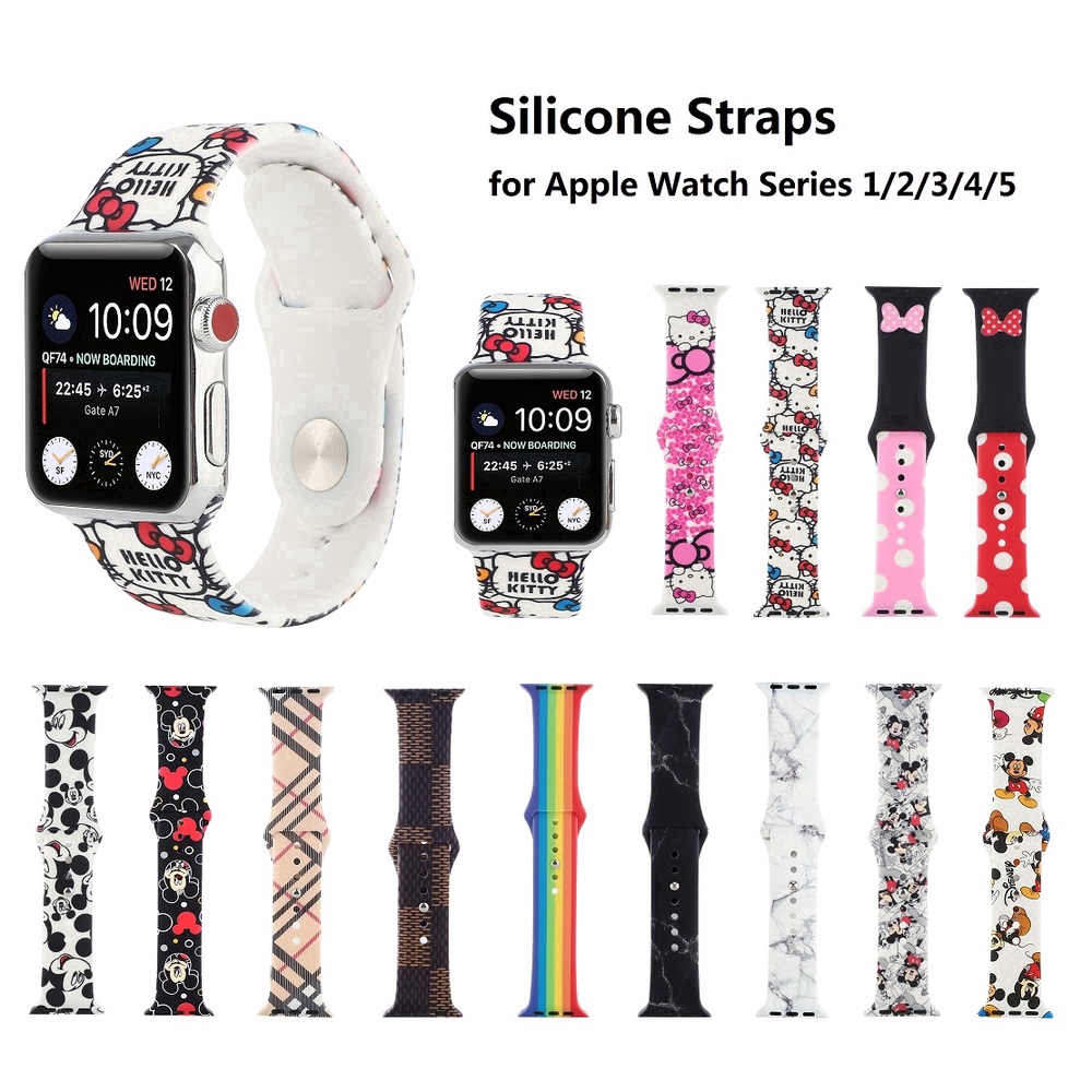 Dây Đeo Silicone Mềm Hình Hello Kitty & Minnie Cho Đồng Hồ Thông Minh Apple Watch SE Series 7 /6 / 5 / 4 / 3 / 2 / 1 41mm/45mm/ 38mm / 40mm / 42mm / 44mm