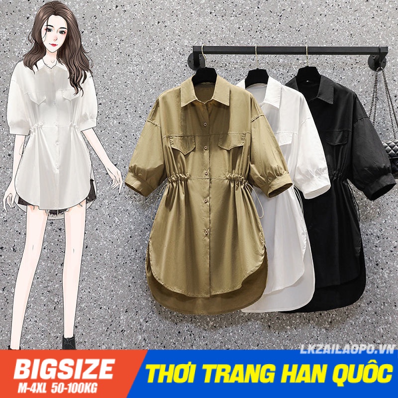 Áo sơ mi Bigsize Áo kiểu nữ form rộng tay ngắn có cổ che bụng mỡ ôm eo mùa hè Phong cách Hàn Quốc Thời Trang tiểu thư cá tính xinh đẹp cho người mập béo