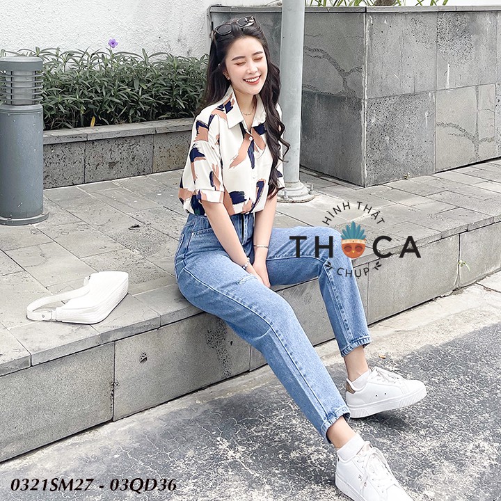 Quần jean nữ baggy lai wax rách gối 371 THOCA HOUSE xanh đậm trẻ trung, hiện đại chuẩn form dày dặn