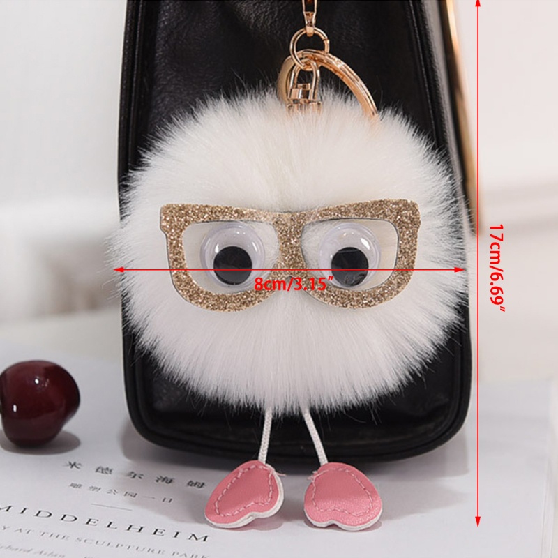Móc Khóa Hình Mắt Kính Phối Banh Lông Thỏ Mềm Mại Dễ Thương