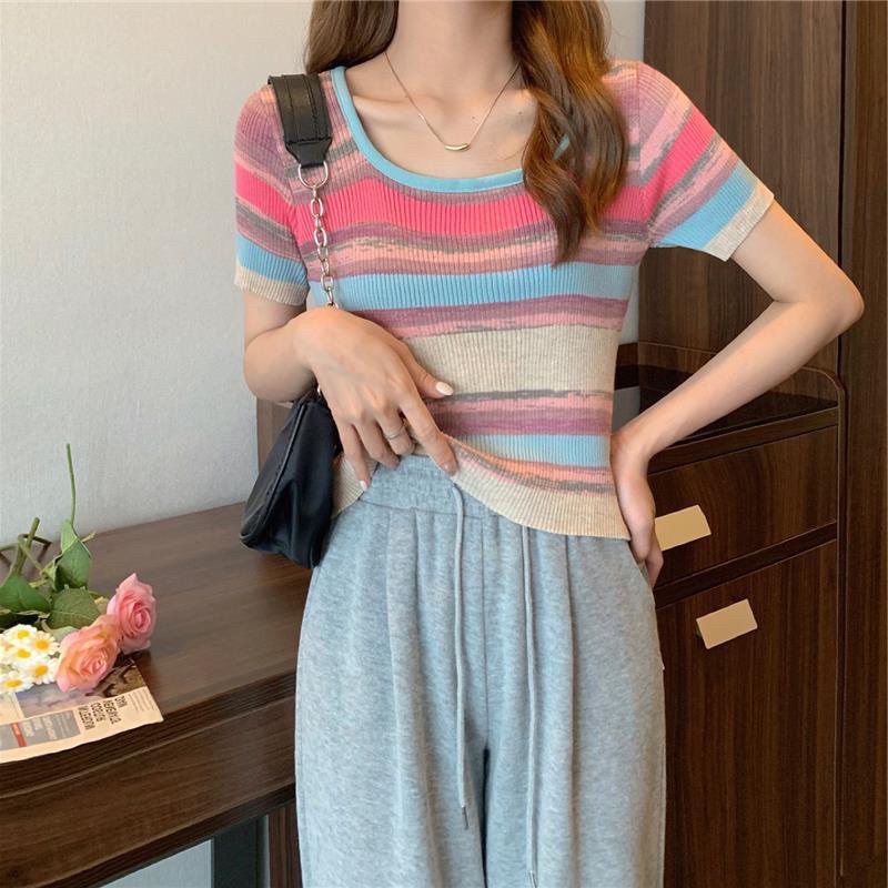 Áo Len Nữ Cộc Tay Cổ Vuông Quảng Châu Màu Cầu Vồng