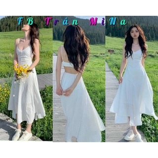 Đầm maxi 2 dây trắng hở lưng dây ngang lệch tà