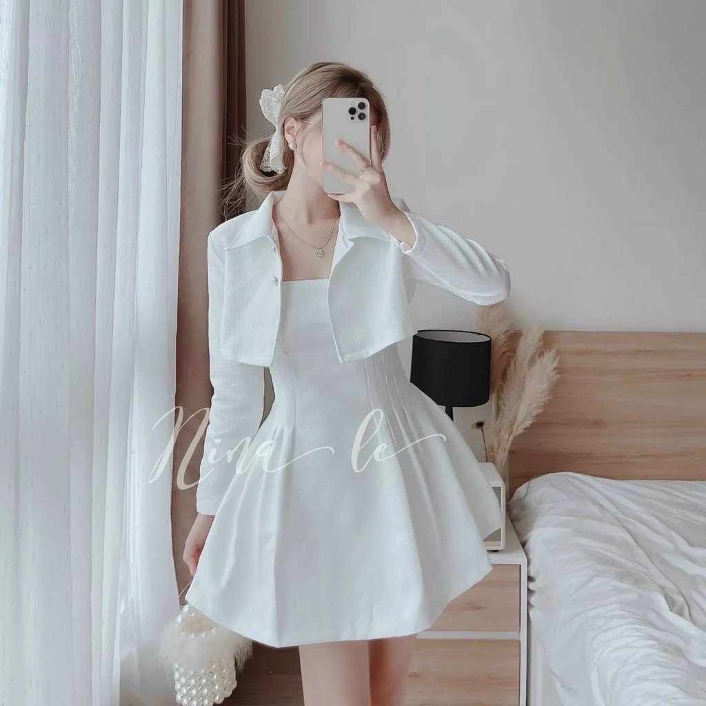 Đầm váy nữ xòe ( có mút ) kèm áo khoác bên trong có áo 2 dây dáng xòe tôn dáng trẻ trung sang trọng thanh lịch siêu xinh