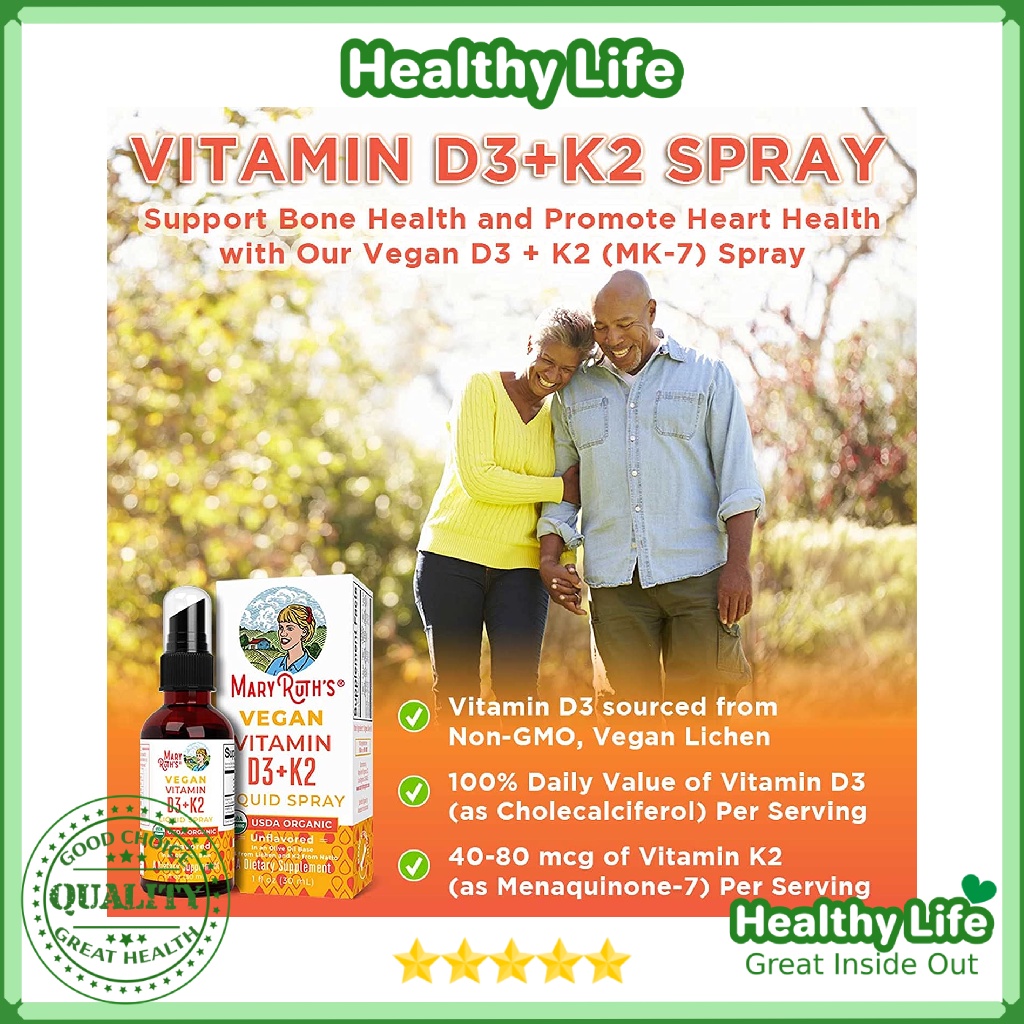 Chai Xịt MaryRuth’s D3+K2  Liquid Spray by MaryRuth’s for Adults & Kids Mary Ruth’s