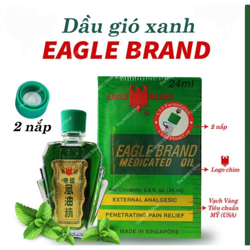 DẦU GIÓ XANH CON Ó 2 NẮP SINGAPORE EAGLE BRAND MEDICATED OIL , GIẢM ĐAU NHỨT, CHÓNG MẶT HOA MẮT MỆT MỎI,