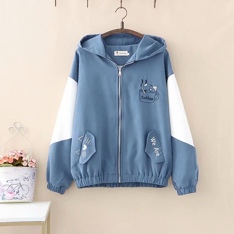 Áo Khoác Cardigan Có Mũ Trùm Thêu Họa Tiết Mèo Hoạt Hình Thời Trang Dành Cho Nữ