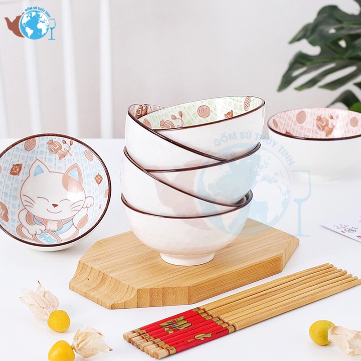 Bộ 6 chén sứ hình mèo thần tài may mắn, hình dễ thương kèm 6 đôi đũa hoa có hộp làm quà tặng cực sang