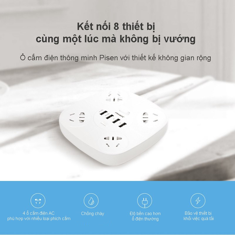 Ổ cắm điện đa năng thông minh Pisen KY-44 (4USB, 4AC ) 1,8 met