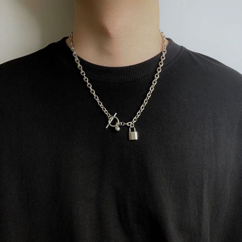 Dây Chuyền Thép Titan Mặt Ổ Khóa Tròn Thời Trang Đường Phố 23368