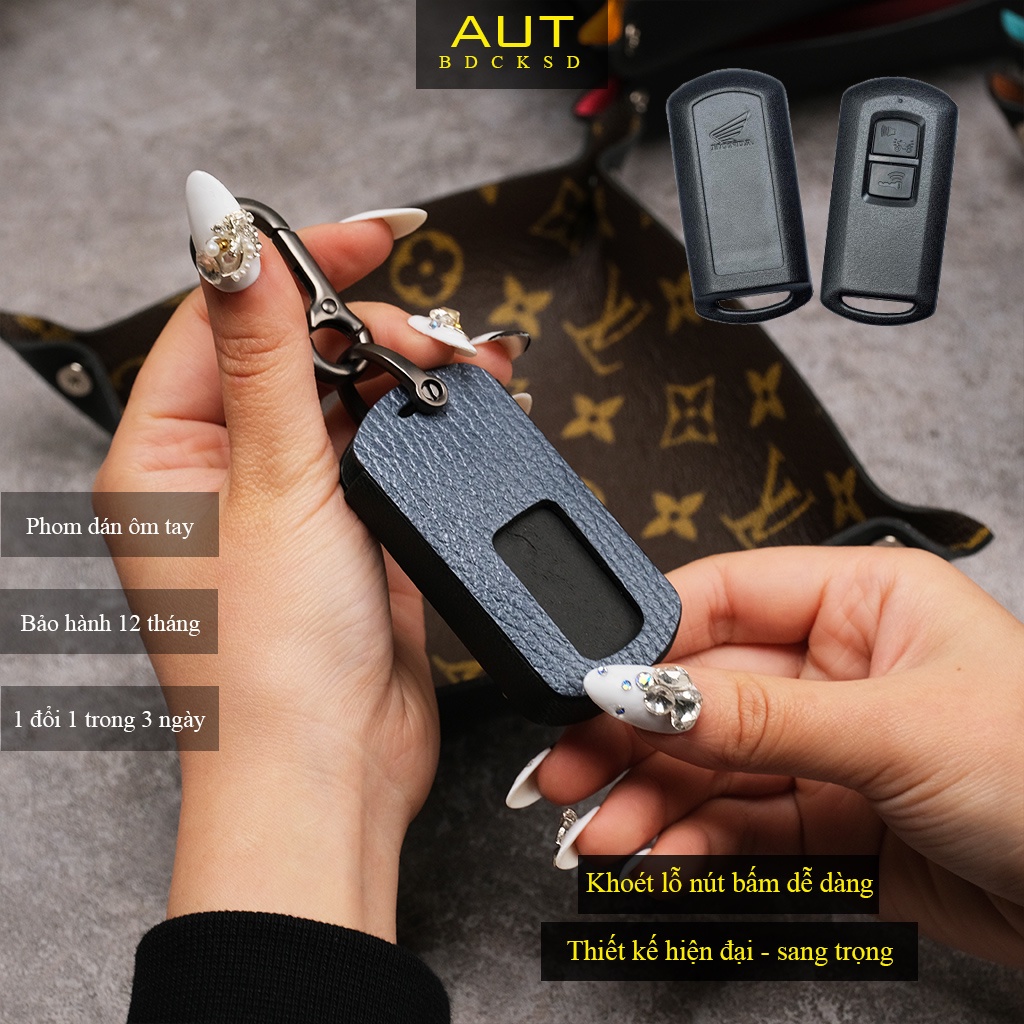 Bao da bảo vệ chìa khoá Smartkey AB Air Blade Honda Lead Vision Vario Click da bò khâu tay ABKV CD có tay cầm