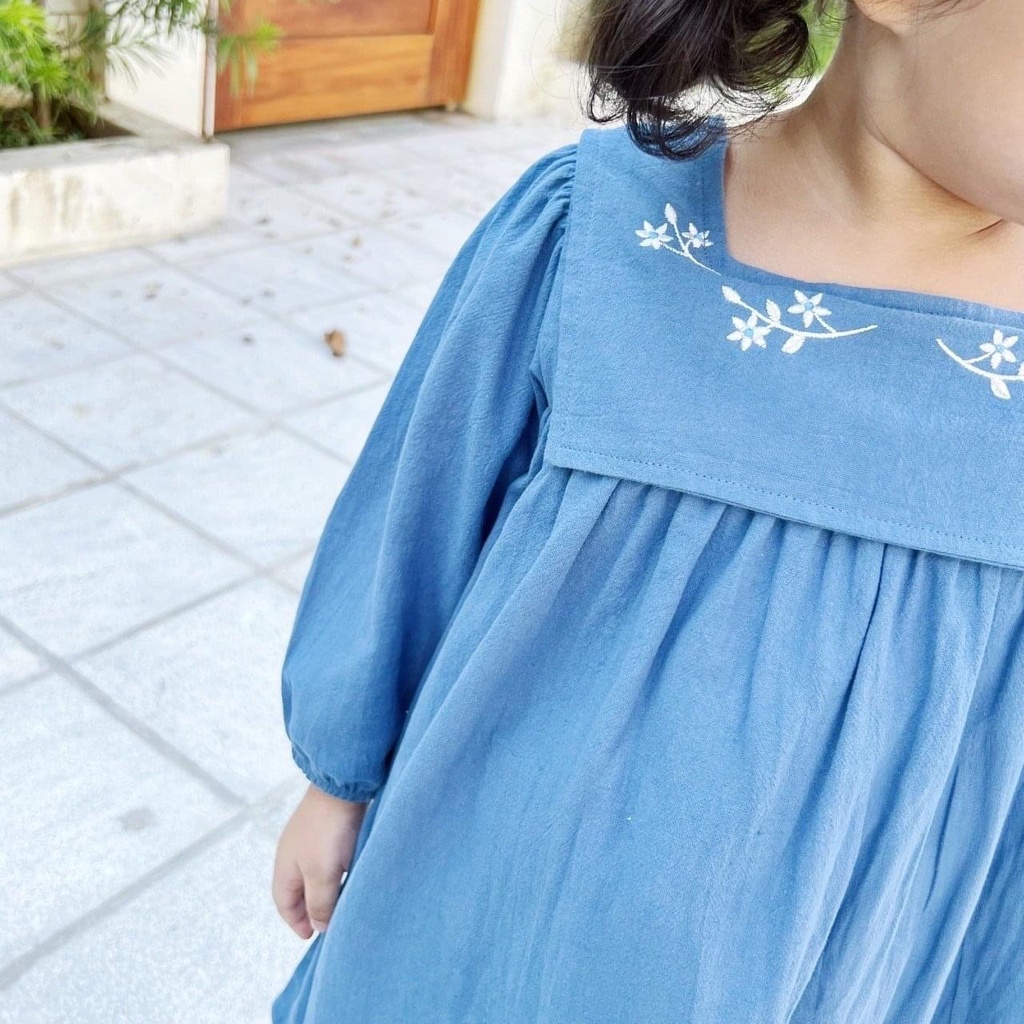 Váy đũi dài tay Beemo cổ yếm thêu hoa 2 màu xanh / trắng size 80 -130