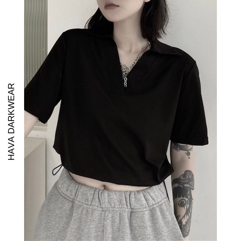 Áo thun croptop AT44 cổ đức dây rút eo form suông chất thun cotton mèm mát