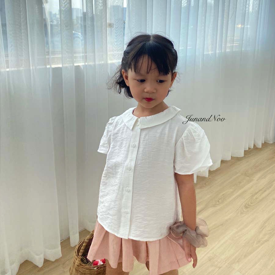 Áo sơ mi tay bồng cổ sen, lụa trắng xinh xắn cho bé gái JUN&NOV