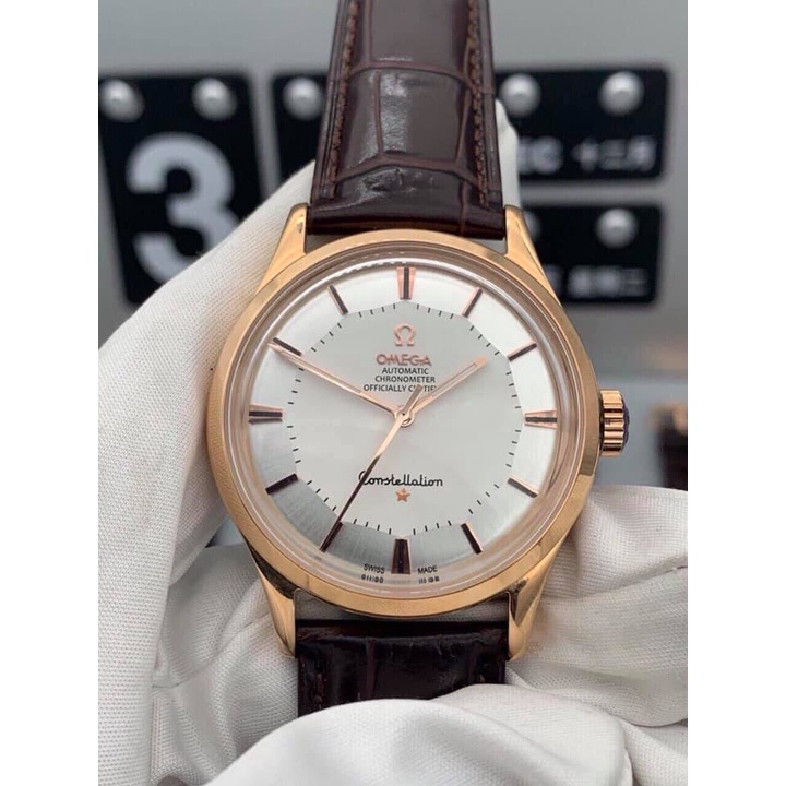 Đồng hồ Nam Omg Constellation bát quái máy nhật Myota vỏ vàng ta mặt trắng dòng cơ Automatic size 40mm dây da