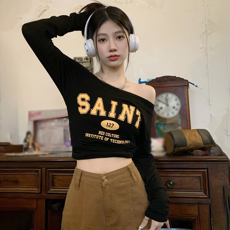 Áo Croptop Trễ Vai Dài Tay Ôm Dáng In Họa Tiết Thời Trang Hàn Quốc Cho Nữ