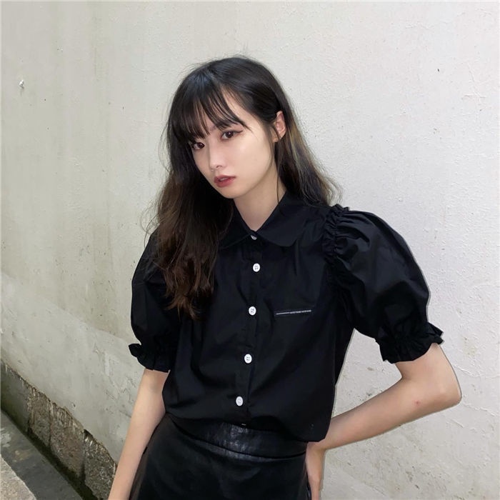 Áo Sơ Mi Tay Phồng Ngắn Màu Sắc Trơn Phối Ren Phong Cách Hàn Quốc Thời Trang Cho Nữ