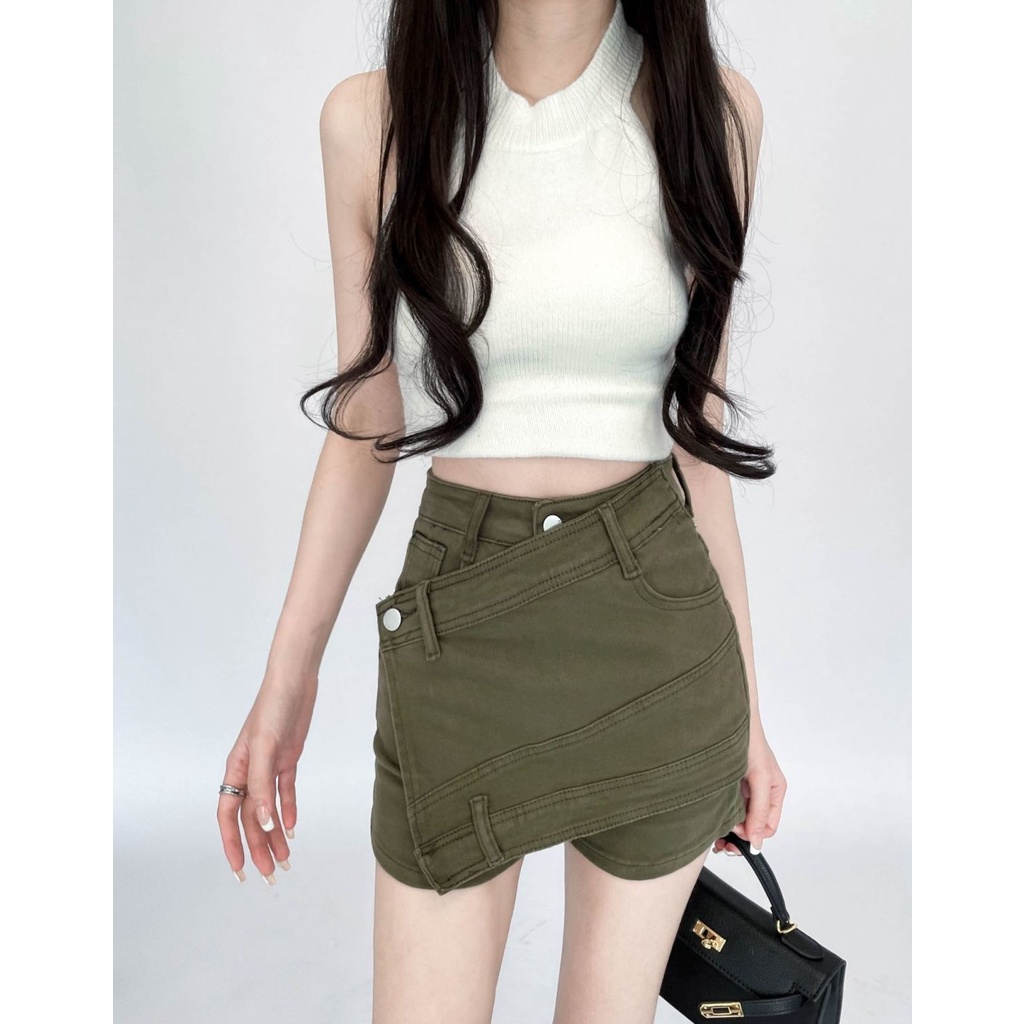 Quần Short Denim Lưng Cao Giả Hai Mảnh Thời Trang Mùa Hè Cho Nữ